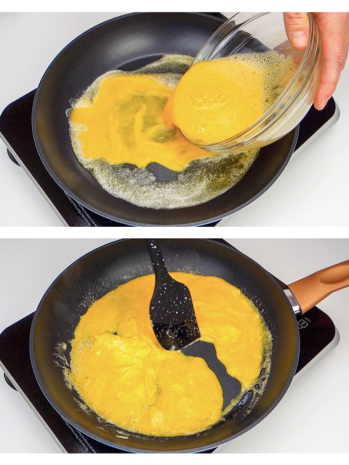 Pouring eggs into skillet and running them towards the center of the pan