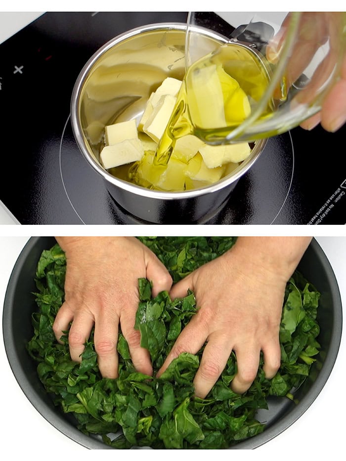 A pot with diced up butter next to a round pan with spinach