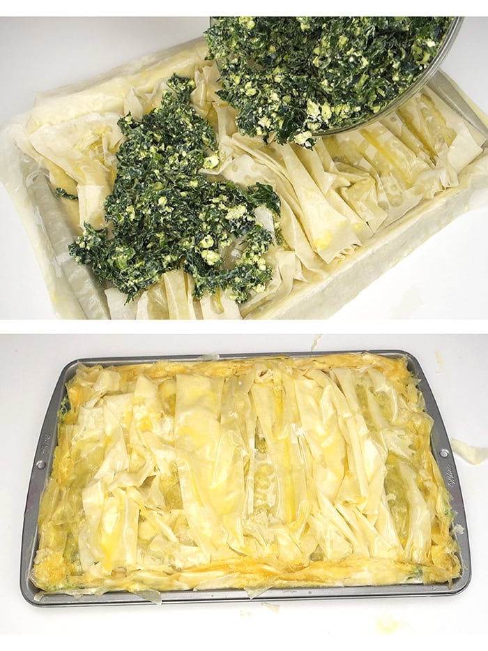 Layering spinach mixture over baking sheet with pastry sheets next to a pan with spanakopita ready for baking