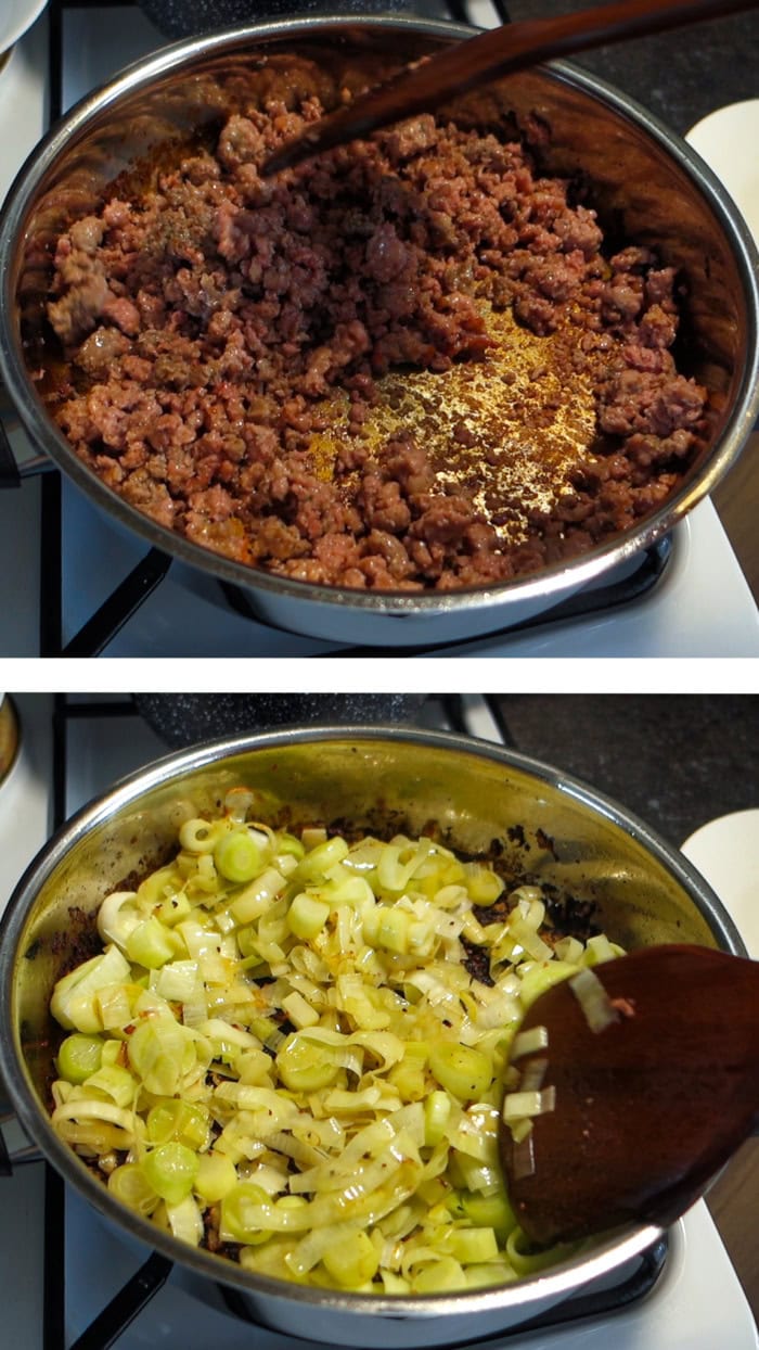 Sweet Italian sausage browning in a skillet followed by sliced leeks cooking in the pan