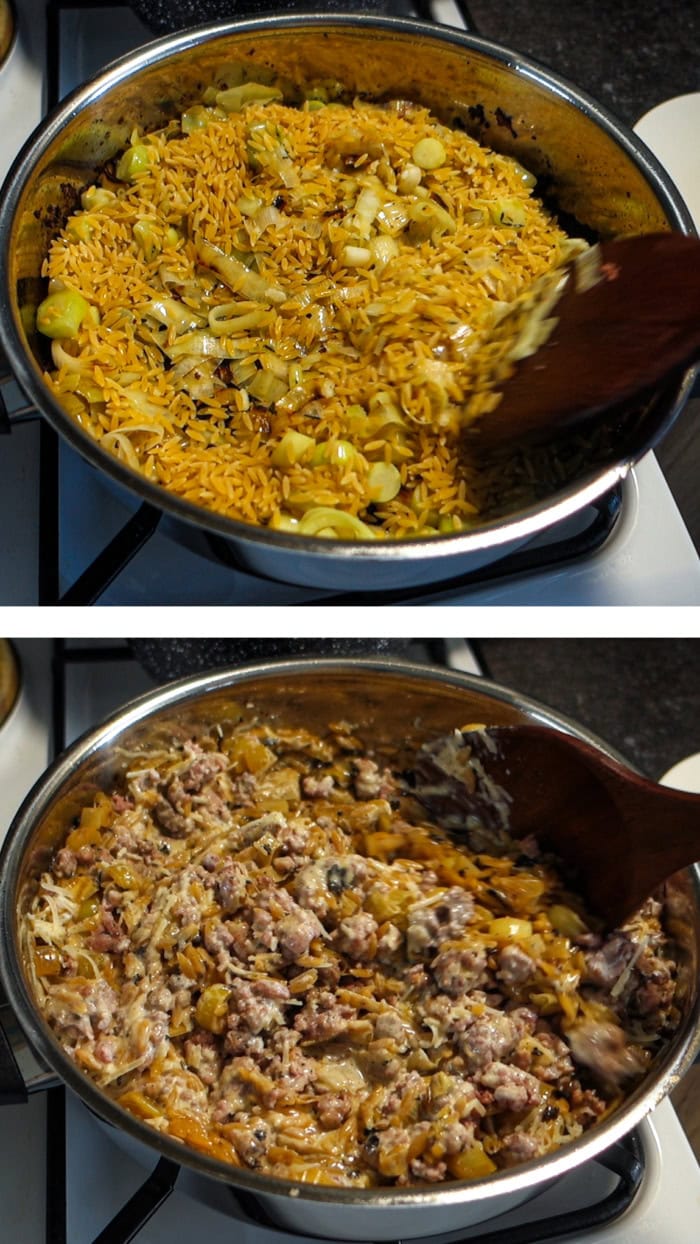 Toasted orzo cooking with leeks and sweet Italian sausage in a creamy sauce