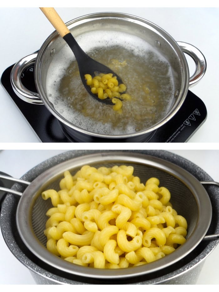 Boiling macaroni and straining them with a sieve