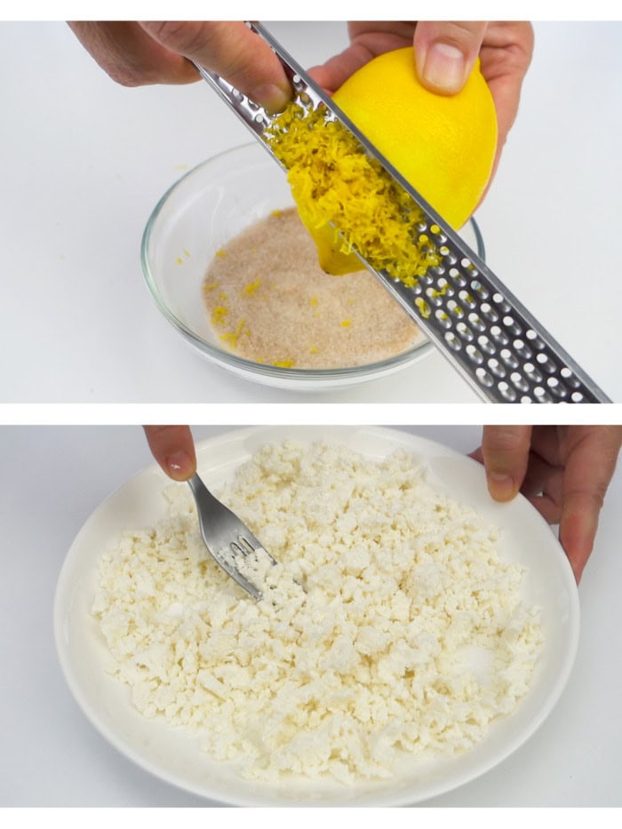 Grating lemon zest into a small bowl and crumbling white Feta cheese with a fork