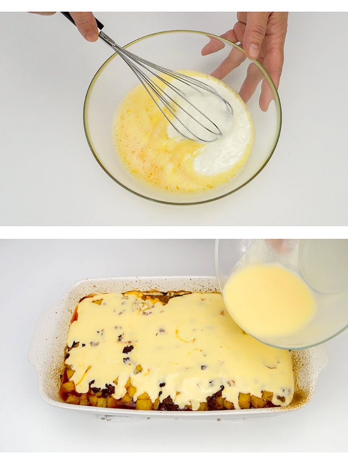 beating eggs, yogurt and baking soda for the topping and then covering the Moussaka in the baking pan with the topping mixture