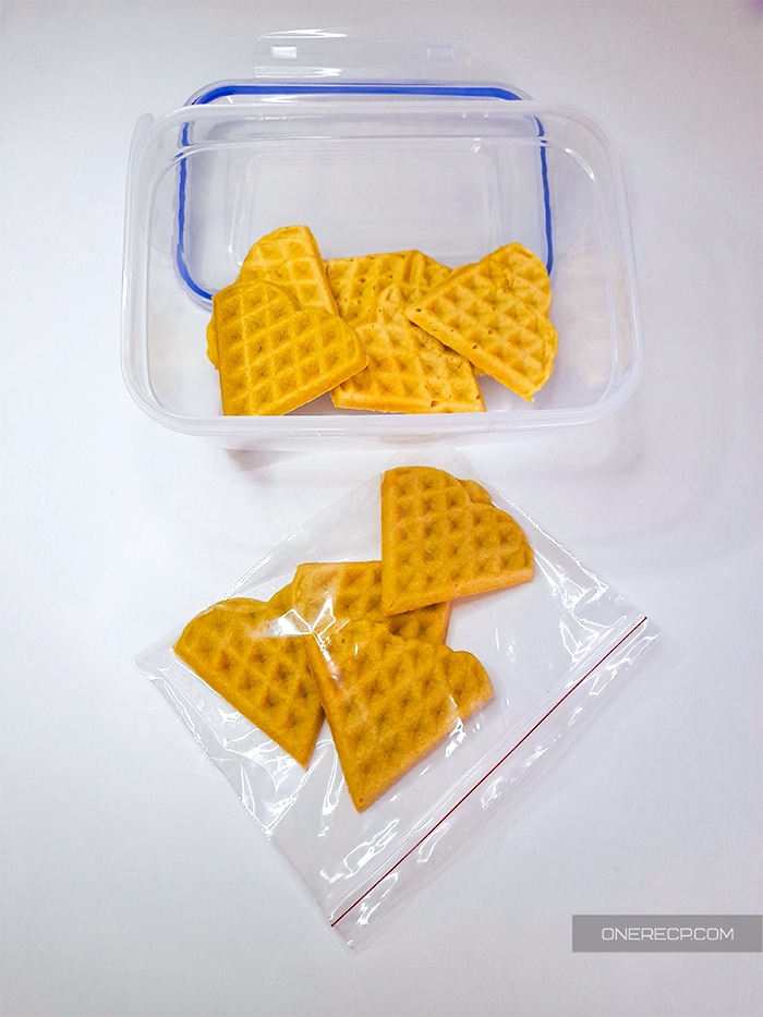 Waffles in an airtight bag at the bottom and in a container at the top