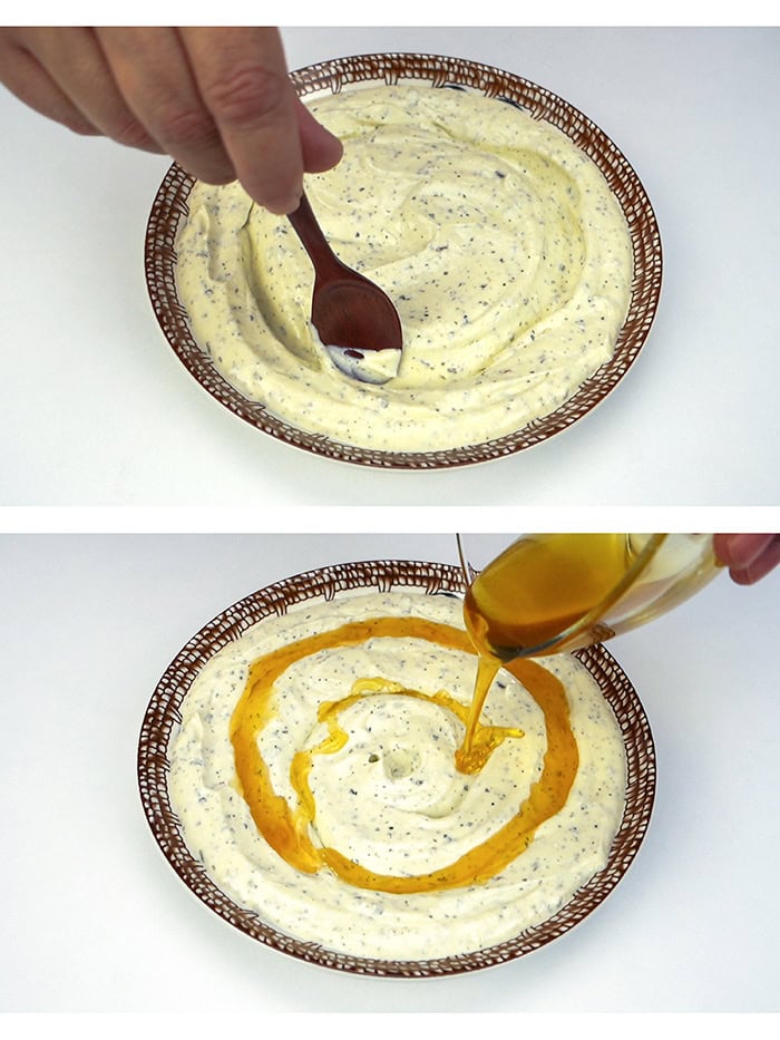 Mixing feta cheese and adding honey.