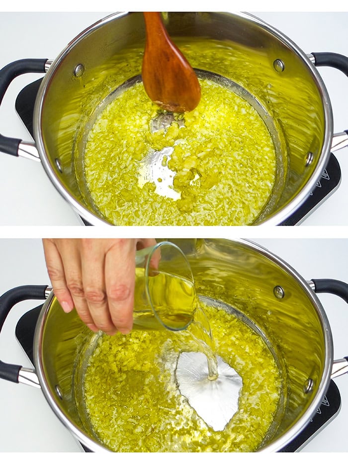 Sauteing onions in butter and adding white wine.