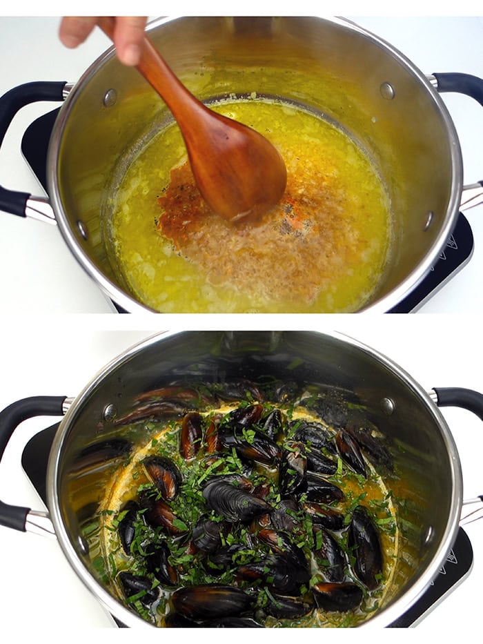 Adding cayenne pepper, mussels and lovage to the pot.