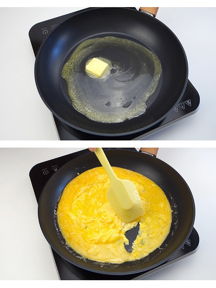 A pan with melted butter next to a pan with scrambled eggs and butter