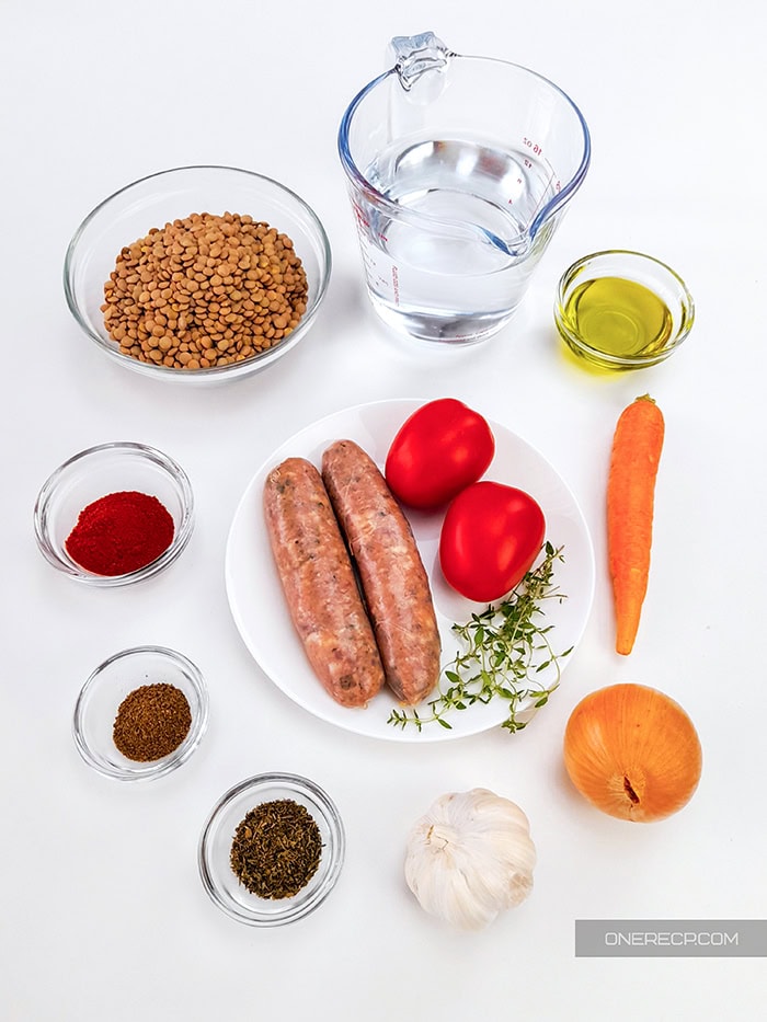 Ingredients for lentils and sausage.