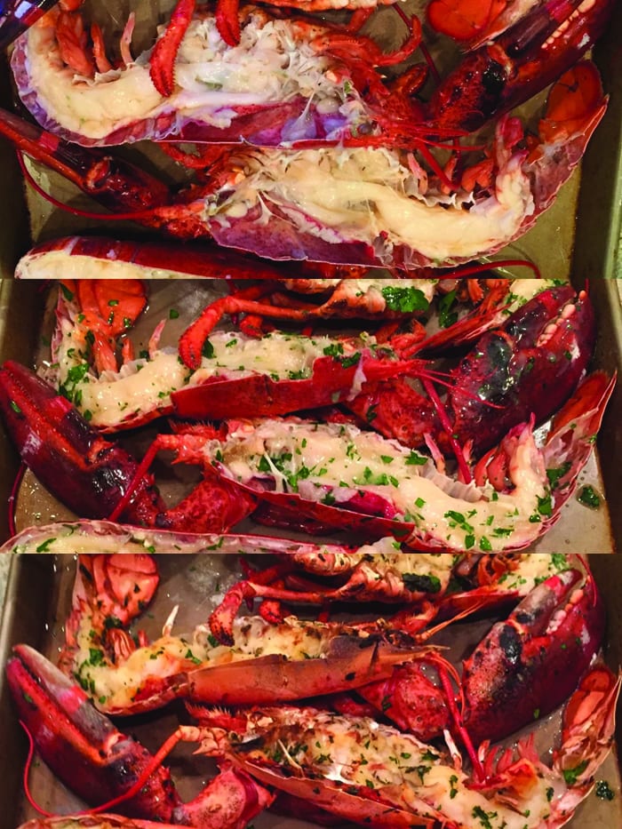 a progression image showing three stages of cooking a lobster split in two where you can see the meat's doneness