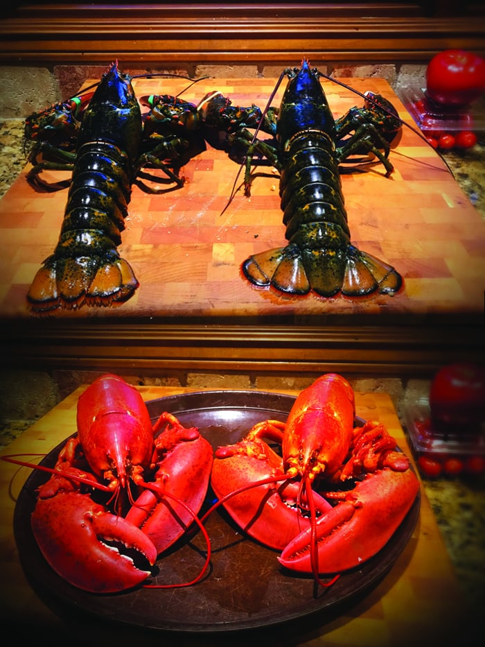 а comparison picture showing two lobsters on a kitchen board before and after cooking