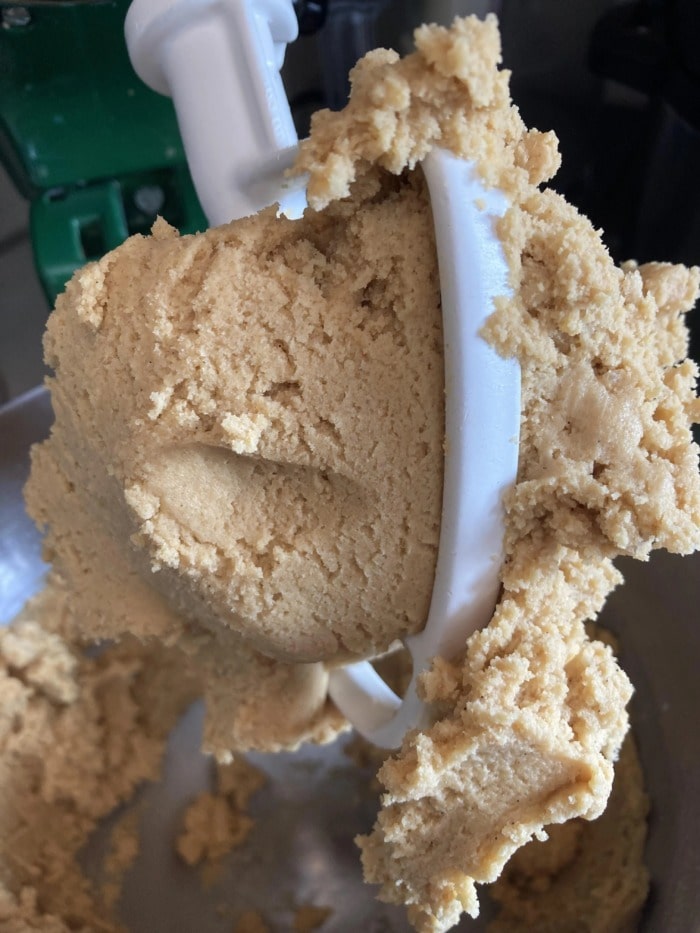 mixing cookie dough in a stand mixer with a paddle attachment