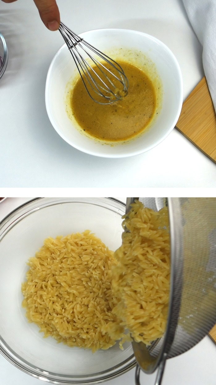 Whisking the mustard dressing and transferring drained cooked orzo to a wide bowl