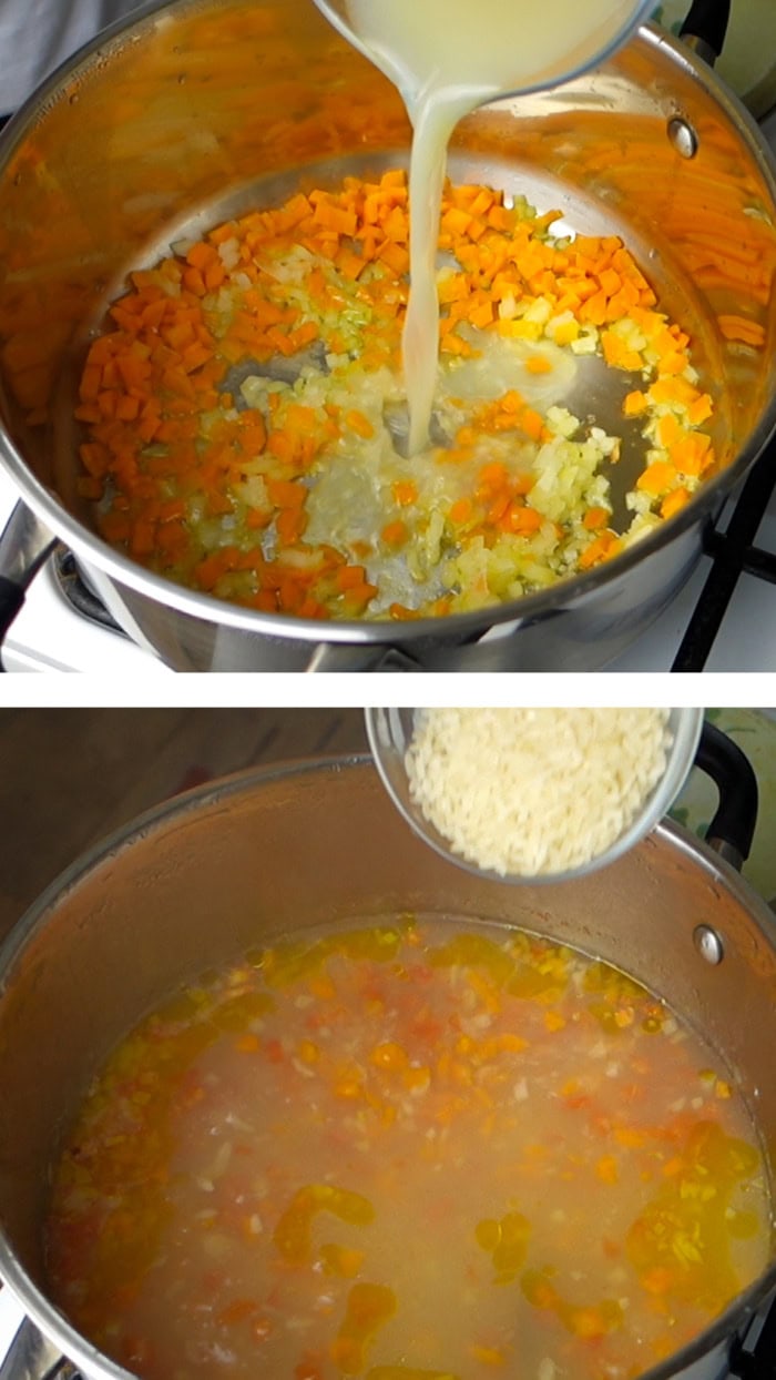 Pouring mussel broth over the vegetables, then adding rice to the soup