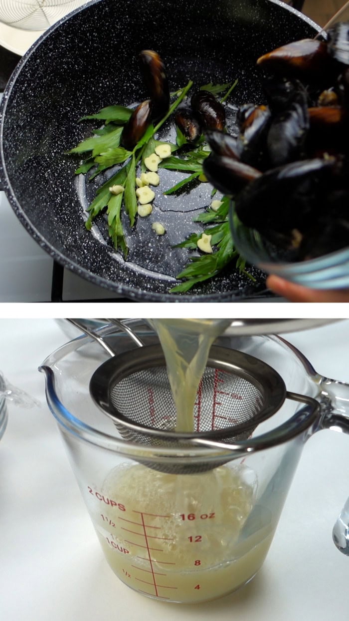 Adding mussels to a pot with garlic and lovage, then straining the cooking liquid