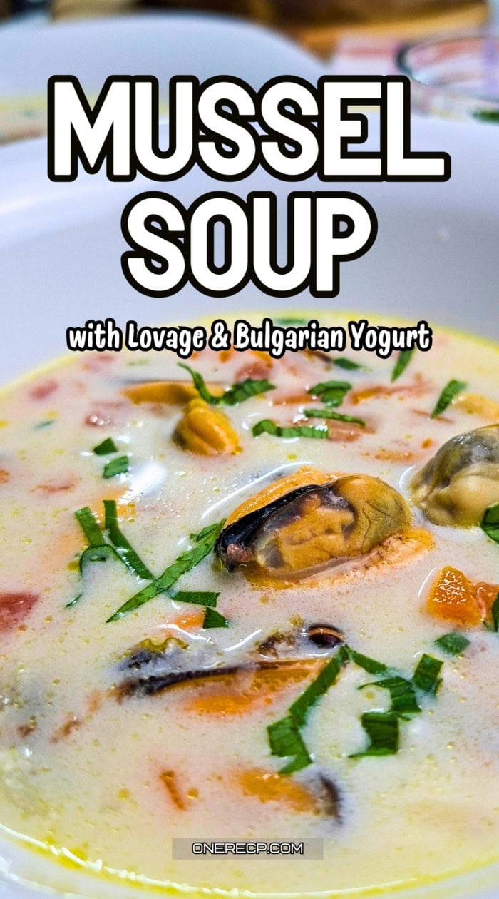 Mussel soup with lovage and Bulgarian yogurt pinterest poster