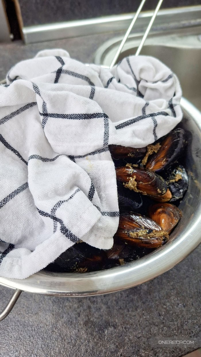 Fresh mussels covered with a damp kitchen towel before refrigeration