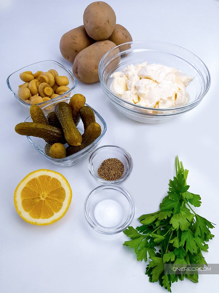 Ingredients for a potato salad with pickles