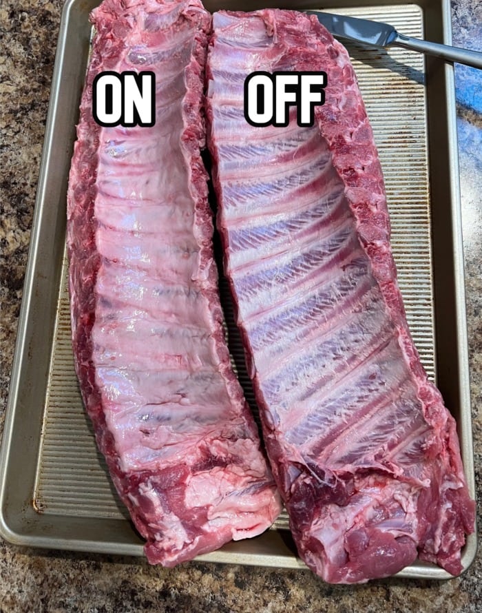 two racks of ribs next to each other with one having its membrane removed and the other still has it on for comparison