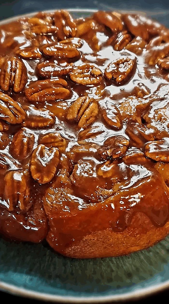 A rich pecan caramel dessert glistening with maple glaze, showing how natural sweeteners create indulgent flavor without refined sugar.