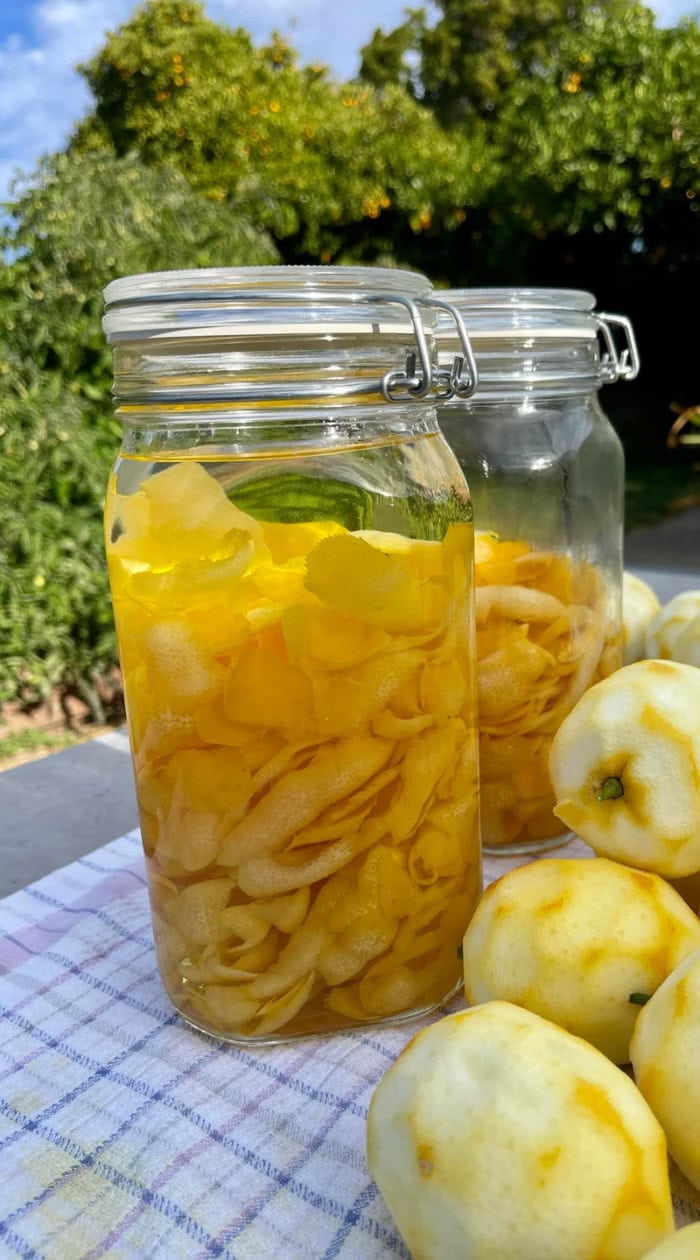 Glass jars filled with citrus peels stored outdoors, showing a simple way to preserve and reuse peels instead of discarding them.
