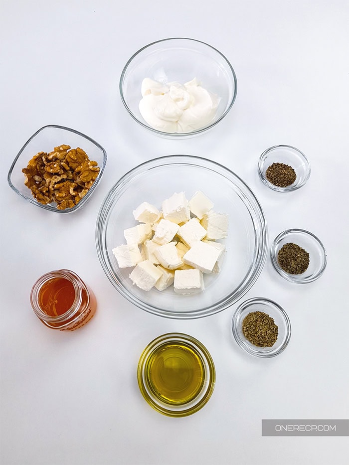 Ingredients for whipped feta with honey.